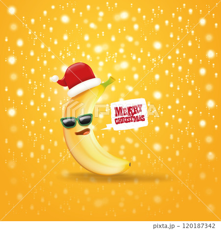 Merry Christmas greeting card and banner with funny cartoon banana character wearing santa red hat isolated on orange background with lights. Funny and cute Christmas card with smiling Banana monster 120187342