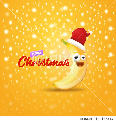 Merry Christmas greeting card and banner with funny cartoon banana character wearing santa red hat isolated on orange background with lights. Funny and cute Christmas card with smiling Banana monster 120187343
