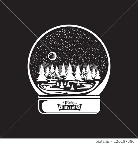 Vector christmas snowball or snow globe silhuette icon with xmas tree, sky, moon, deer and greeting merry christmas text isolated on black background. 120187386