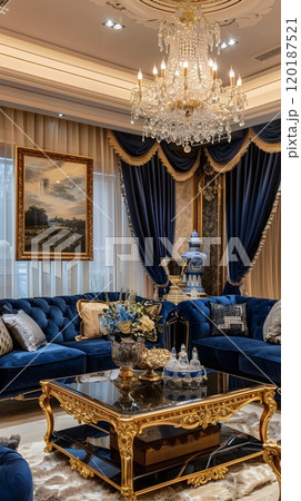 Contemporary Luxury Living Room with Glass Accents and Statement Art 120187521