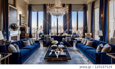 Modern Sophistication Living Room with Elegant Furnishings and Art 120187524