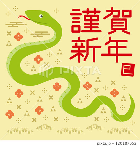横向きの蛇と和柄のイラストの年賀状_謹賀新年_正方形_黄色 横向きの蛇と和柄のイラストの年賀状_謹賀新年_正方形_黄色 120187652