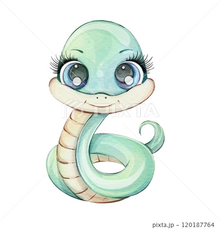 Green snake, watercolor baby in cartoon style, isolated. Cute illustration, chinese symbol of new year 2025. Safari clip art, reptile for kids design, zoo art 120187764