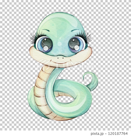 Green snake, watercolor baby in cartoon style, isolated. Cute illustration, chinese symbol of new year 2025. Safari clip art, reptile for kids design, zoo art 120187764