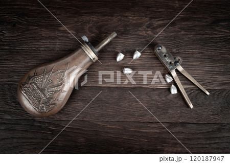 old west bullet mold with bullets and powder flask old west bullet mold with bullets and powder flask 120187947
