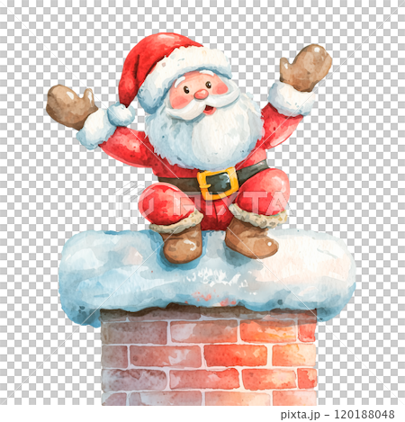 Watercolor illustration of Santa Claus sitting joyfully on a snowy chimney with open arms, on a transparent background. Ideal for Christmas cards, festive designs, and holiday-themed projects. Watercolor illustration of Santa Claus sitting joyfully on a snowy chimney with open arms, on a transparent background. Ideal for Christmas cards, festive designs, and holiday-themed projects. 120188048