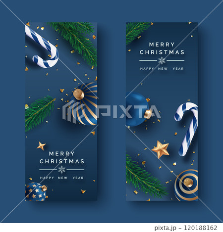 Two vertical Christmas banners with ornaments, candy canes, and pine branches Two vertical Christmas banners with ornaments, candy canes, and pine branches 120188162