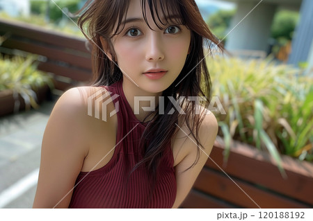 優しい視線とナチュラルな装いの女性 120188192