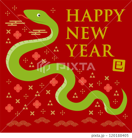 横向きの蛇と和柄のイラストの年賀状_HAPPY NEW YEAR_正方形_赤 120188405