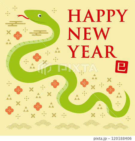 横向きの蛇と和柄のイラストの年賀状_HAPPY NEW YEAR_正方形_黄色 120188406