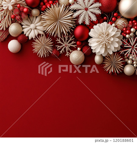 Merry Christmas, Happy New Year. Red background golden white Christmas snowflakes close up Merry Christmas, Happy New Year. Red background golden white Christmas snowflakes close up 120188601