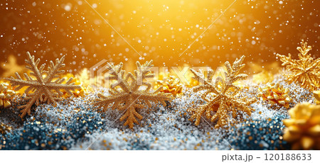 Merry Christmas, Happy New Year. Glitter yellow background golden Christmas snowflakes close up Merry Christmas, Happy New Year. Glitter yellow background golden Christmas snowflakes close up 120188633