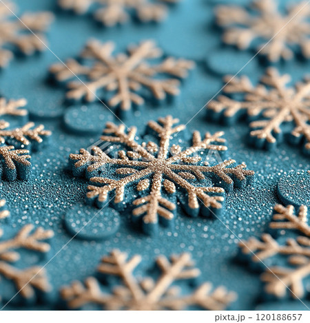 Holiday Merry Christmas, Happy New Year. Blue background golden Christmas snowflakes close up Holiday Merry Christmas, Happy New Year. Blue background golden Christmas snowflakes close up 120188657