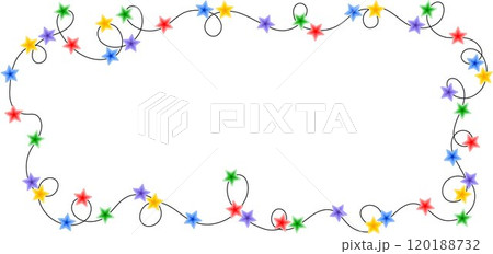 Christmas colorful multicolored lights curly string garland horizontal rectangular frame doodle hand drawn vector illustration, flat cartoon image for winter New Year holiday, birthday events design Christmas colorful multicolored lights curly string garland horizontal rectangular frame doodle hand drawn vector illustration, flat cartoon image for winter New Year holiday, birthday events design 120188732