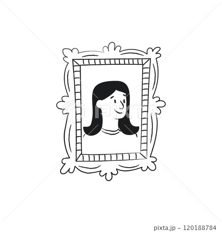 A reflection of a woman with straight hair in a Victorian mirror. Girl on a family portrait. Framed doodle artwork. 120188784