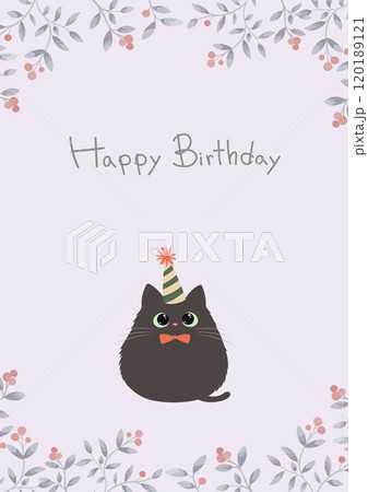 かわいい猫と植物の枠の誕生日カードとHappy Birthday の文字 120189121