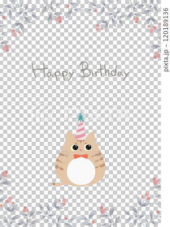 Birthday card with cute cat and plant frame and Happy Birthday lettering 120189136