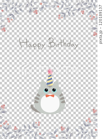 Birthday card with cute cat and plant frame and Happy Birthday lettering 120189137