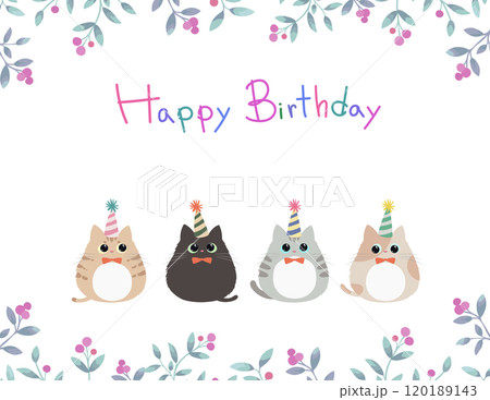 かわいい子猫たちと植物の枠の誕生日カードとHappy Birthday の文字 120189143