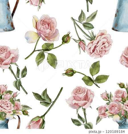 Blue rusty jug and pink roses seamless pattern watercolor illustration. Perfect wedding stationary, greetings, fashion, background. For fabric textile design or Product packaging. 120189184