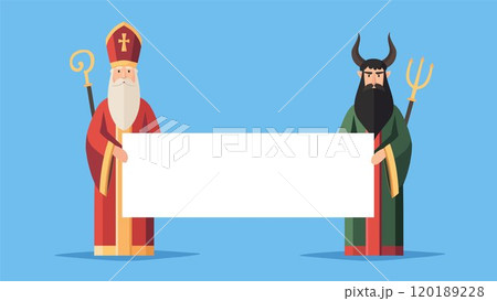 Christmas, greeting card. Saint Nicholas with devil holding blank poster, web banner. Winter season blue background. Flat design, vector illustration. European Czech, German or Dutch tradition holiday Christmas, greeting card. Saint Nicholas with devil holding blank poster, web banner. Winter season blue background. Flat design, vector illustration. European Czech, German or Dutch tradition holiday 120189228