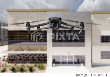 Unmanned Aircraft System Quadcopter Drone UAV In The Air Near Corporate Industrial Building 120189381