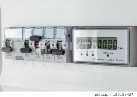 Modern Electrical Meter Panel with Circuit Breakers 120189424