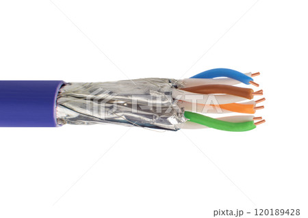 Close Up of Shielded Ethernet Cable with Colored Wires 120189428