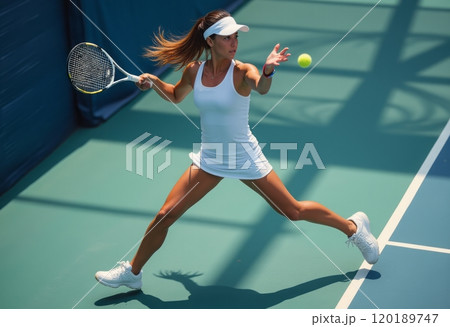 A focused female tennis player is captured mid-swing on a bright court, showcasing her athleticism and skill. She wears a white outfit and a visor, demonstrating a dynamic pose as she prepares to hit 120189747