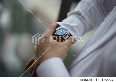 Professional man gestures, fine gentleman, business executive fitting to their suit and preparing for daily office job, dressing to gentleman suit good for executive magazine, executive concept 120189903