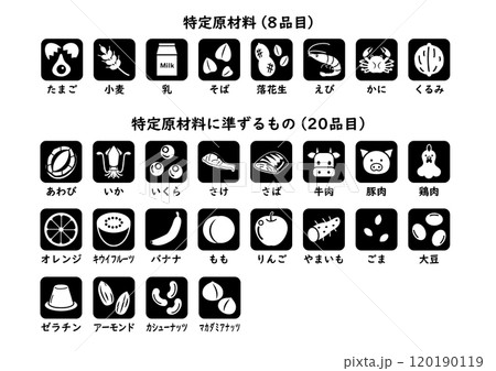 食物アレルギー　28品目アイコンセット　モノクロ 120190119