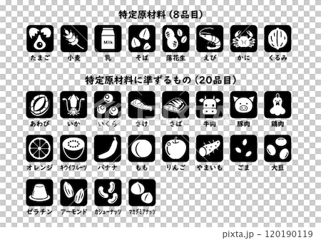 食物アレルギー　28品目アイコンセット　モノクロ 120190119