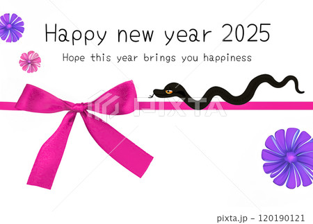 2025 巳年 ピンクのリボンとヘビの可愛い年賀状テンプレート 120190121