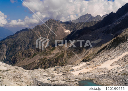 Mountainous Landscape with Alpine Lakes and Rocky Slopes 120190653