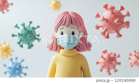 カラフルなたくさんのウイルスに囲まれるマスクをつけた女性の3Dイラスト カラフルなたくさんのウイルスに囲まれるマスクをつけた女性の3Dイラスト 120190990