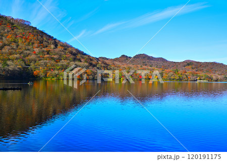 紅葉の進む赤城大沼湖畔 地蔵岳 秋色の風景 紅葉の進む赤城大沼湖畔 地蔵岳 秋色の風景 120191175
