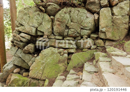 安土城の本丸跡から天守跡に続く階段横の石垣 安土城の本丸跡から天守跡に続く階段横の石垣 120191446