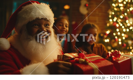 Santa joyfully shares gifts with children during a festive Christmas celebration at home 120191473