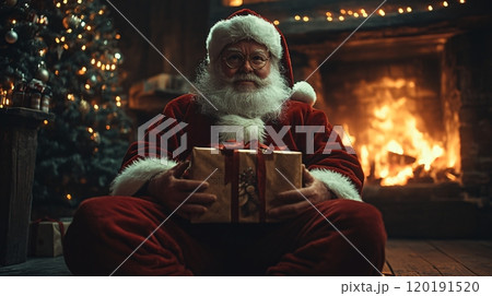 Cozy Santa Claus holding a gift by the fireplace during a festive Christmas celebration 120191520