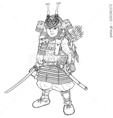 武装して立つマンガっぽい源義経 線画 武装して立つマンガっぽい源義経 線画 120192171