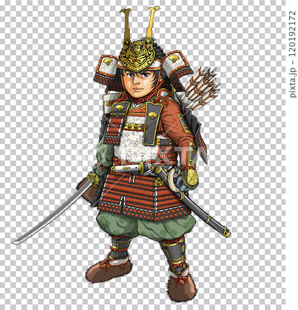 Kamakura warrior Minamoto no Yoshitsune facing forward in his large armor Kamakura warrior Minamoto no Yoshitsune facing forward in his large armor 120192172