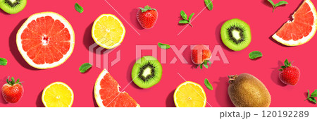 Collection of mixed fruits overhead view 120192289