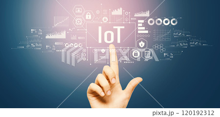 IoT theme with hand pressing a button IoT theme with hand pressing a button 120192312
