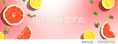 Fresh grapefruits and lemons overhead view Fresh grapefruits and lemons overhead view 120192352