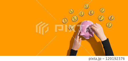 Person depositing money in a piggy bank Person depositing money in a piggy bank 120192376
