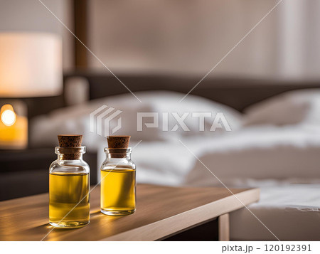 ベッド横のアロマオイルとアロマボトル ベッド横のアロマオイルとアロマボトル 120192391