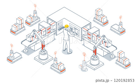 Smart warehouse automation integrates robotic systems and AGVs with sensors and AI to streamline material handling, navigation, and transport operations. Vector illustration EPS 10 Smart warehouse automation integrates robotic systems and AGVs with sensors and AI to streamline material handling, navigation, and transport operations. Vector illustration EPS 10 120192853