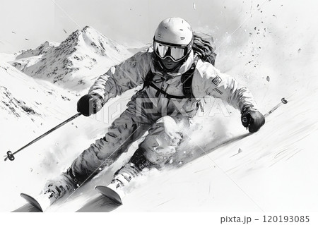 Downhill skier racing through powder snow on a mountain slope during winter 120193085
