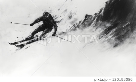 A sketch of a skier navigating down a snowy slope in a dynamic black and white design A sketch of a skier navigating down a snowy slope in a dynamic black and white design 120193086