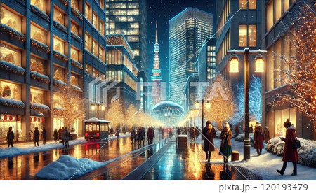 イルミネーションでライトアップされた東京タワー 120193479